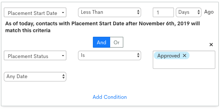 List segmentation screenshot for placement start date